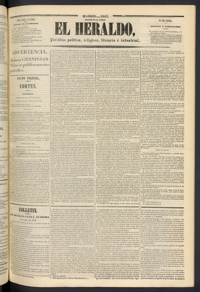 Miniatura de El heraldo, periódico de la tarde del 13 de abril de 1843