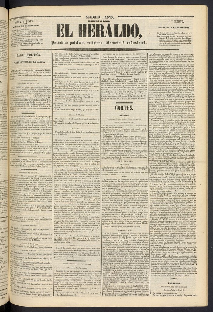 Miniatura de El heraldo, periódico de la tarde: político, religioso, literario e industrial del 1 de mayo de 1843
