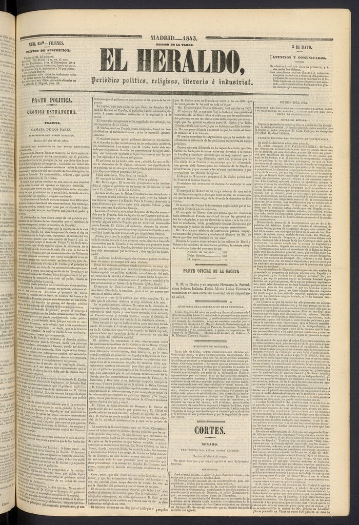 Miniatura de El heraldo, periódico de la tarde: político, religioso, literario e industrial del 5 de mayo de 1843