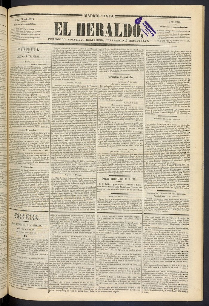 Miniatura de El heraldo, periódico de la tarde del 6 de junio de 1843