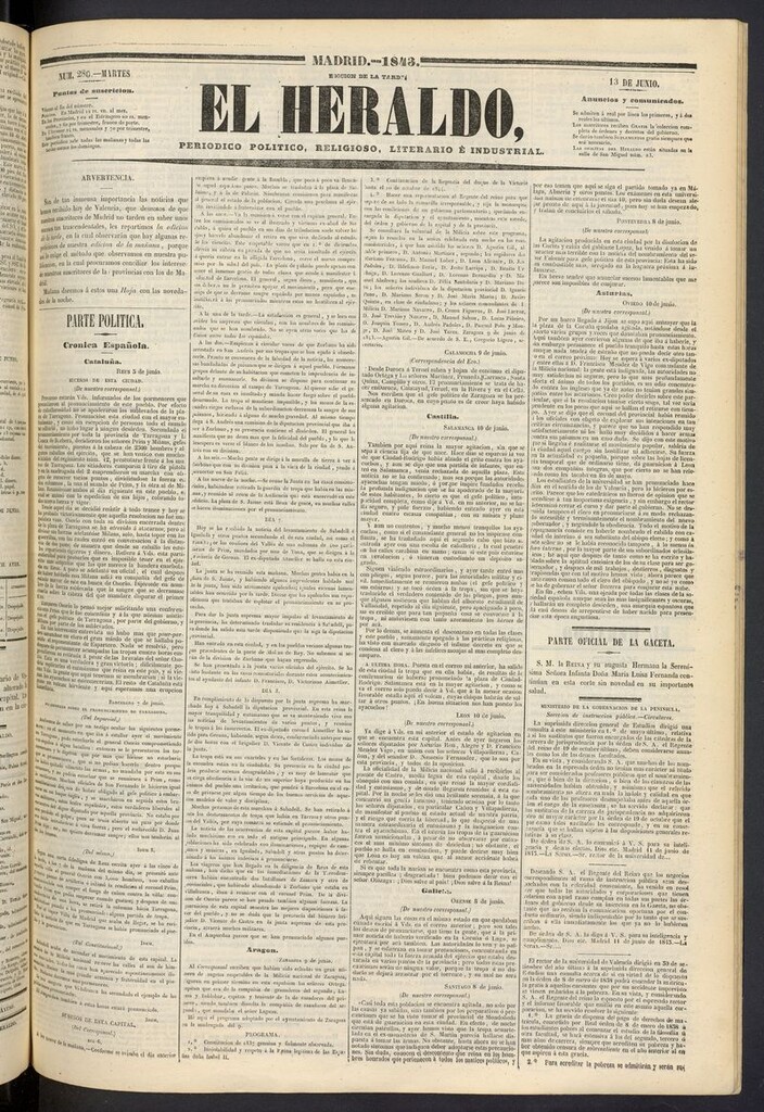 Miniatura de El heraldo, periódico de la tarde del 13 de junio de 1843