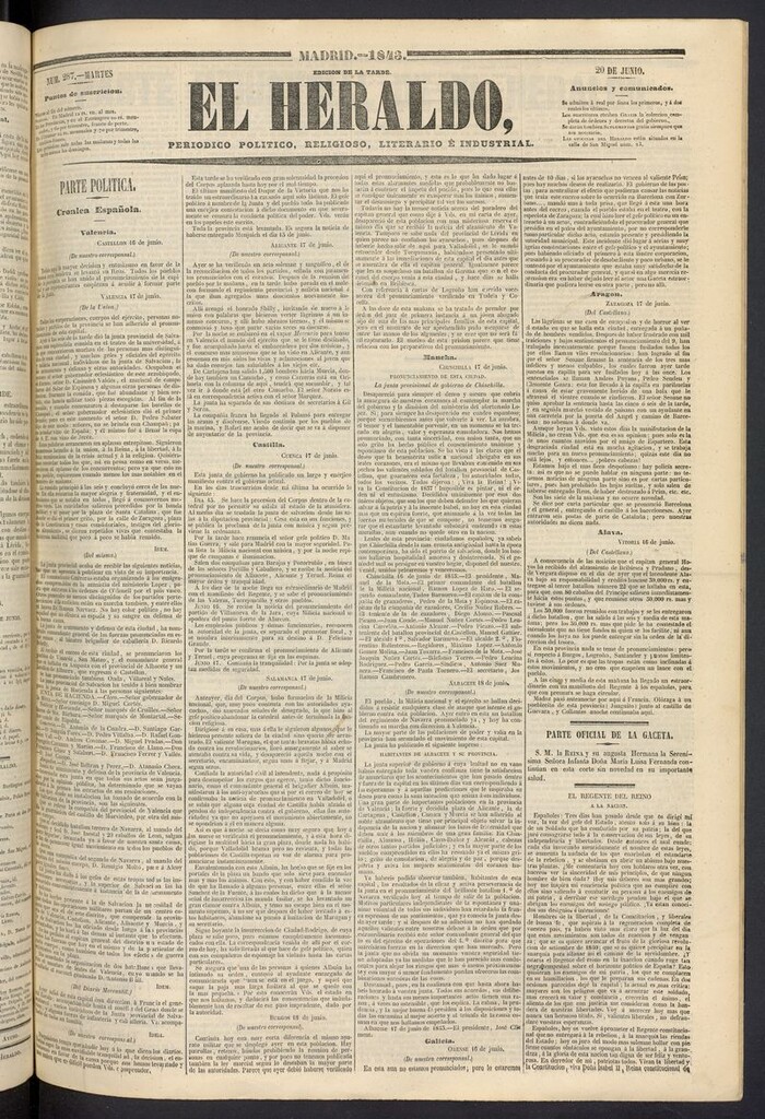 Miniatura de El heraldo, periódico de la tarde del 20 de junio de 1843