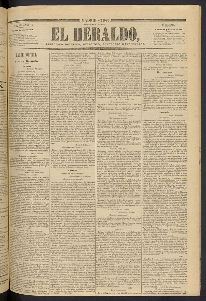 Miniatura de El heraldo, periódico de la tarde del 27 de junio de 1843