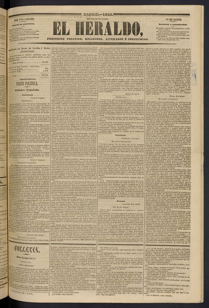 Miniatura de El heraldo, periódico de la tarde del 12 de agosto de 1843