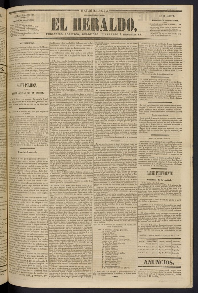 Miniatura de El heraldo, periódico de la tarde del 13 de agosto de 1843