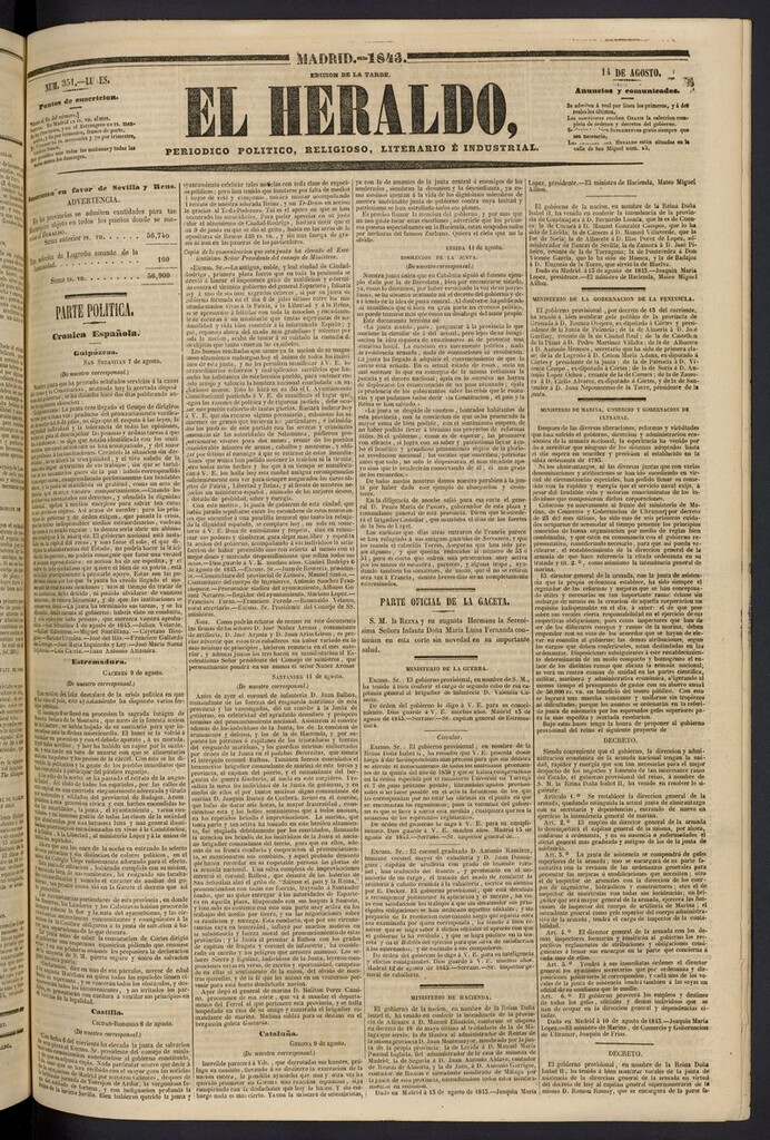 Miniatura de El heraldo, periódico de la tarde del 14 de agosto de 1843