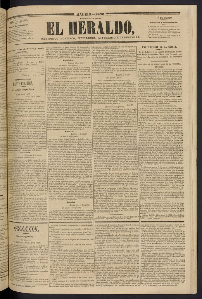 Miniatura de El heraldo, periódico de la tarde del 17 de agosto de 1843