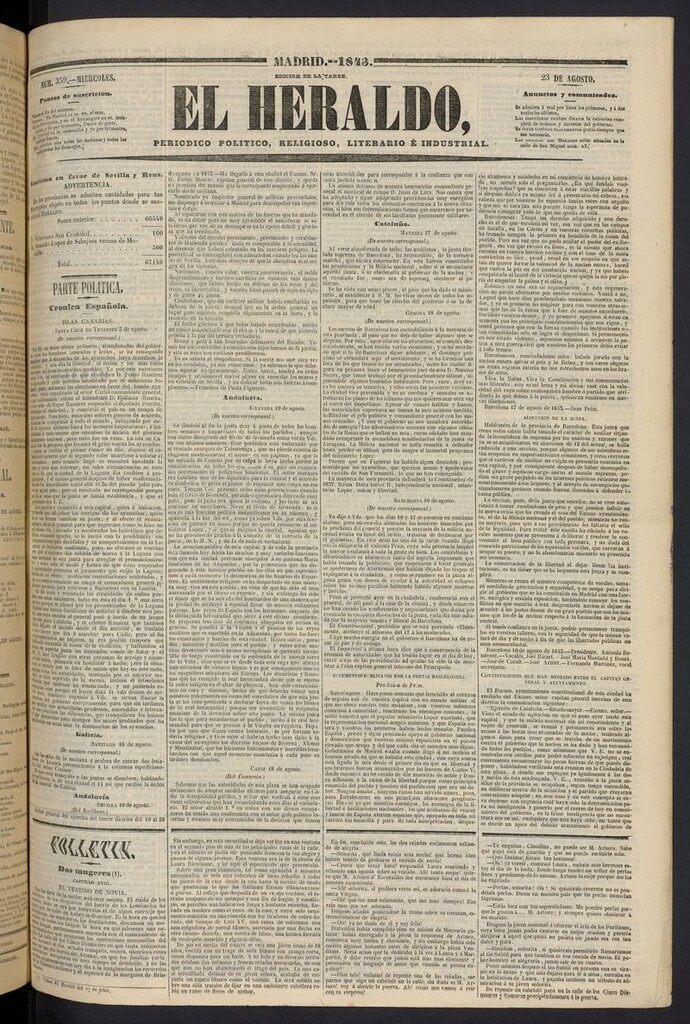Miniatura de El heraldo, periódico de la tarde del 23 de agosto de 1843