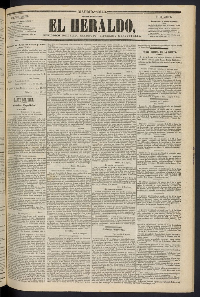 Miniatura de El heraldo, periódico de la tarde del 24 de agosto de 1843