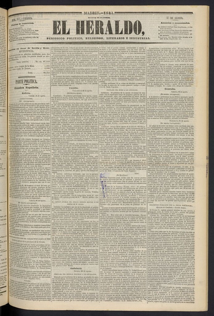 Miniatura de El heraldo, periódico de la tarde del 25 de agosto de 1843