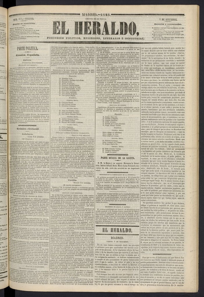 Miniatura de El heraldo, periódico de la tarde del 8 de septiembre de 1843