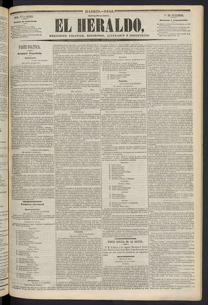 Miniatura de El heraldo, periódico de la tarde del 11 de septiembre de 1843