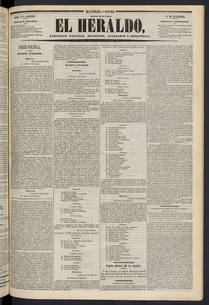Miniatura de El heraldo, periódico de la tarde del 12 de septiembre de 1843