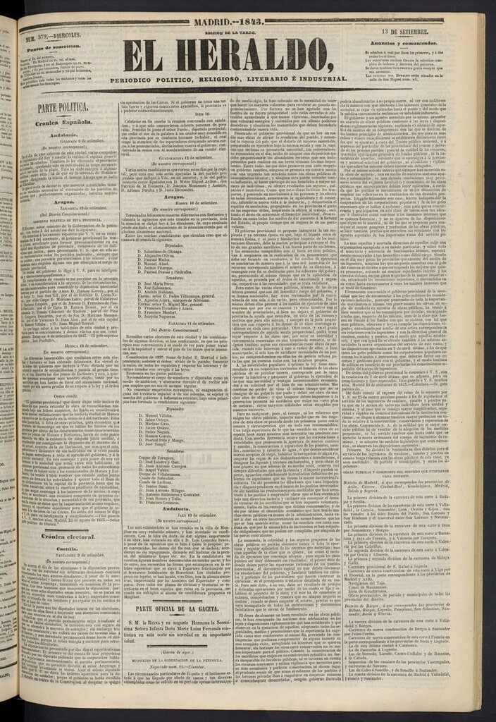 Miniatura de El heraldo, periódico de la tarde del 13 de septiembre de 1843