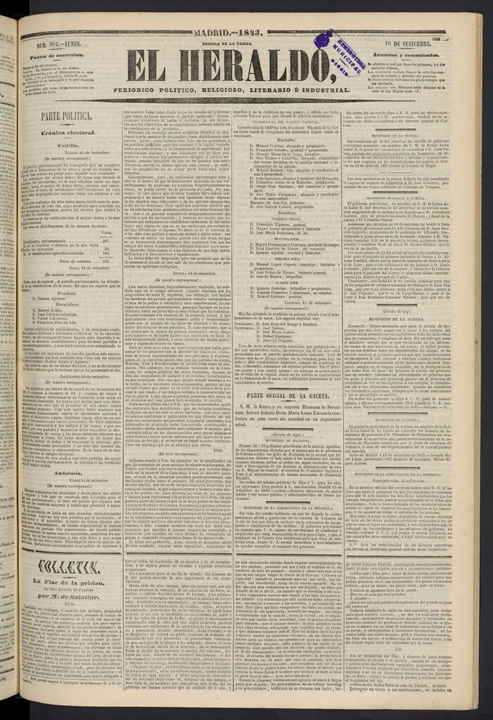 Miniatura de El heraldo, periódico de la tarde del 18 de septiembre de 1843