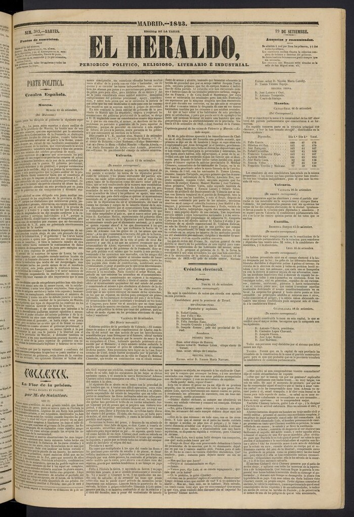 Miniatura de El heraldo, periódico de la tarde del 19 de septiembre de 1843