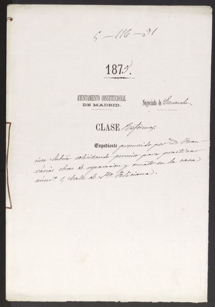 Miniatura de D. Francisco Subirá, solicitando permiso para practicar varias obras de reparación y ornato en la casa nº 1, calle de Santa Feliciana.