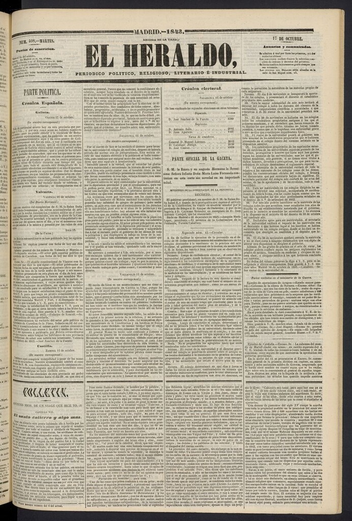 Miniatura de El heraldo, periódico de la tarde del 17 de octubre de 1843
