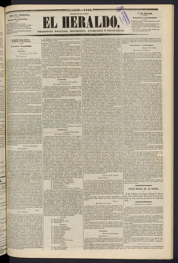 Miniatura de El heraldo, periódico de la tarde del 18 de octubre de 1843