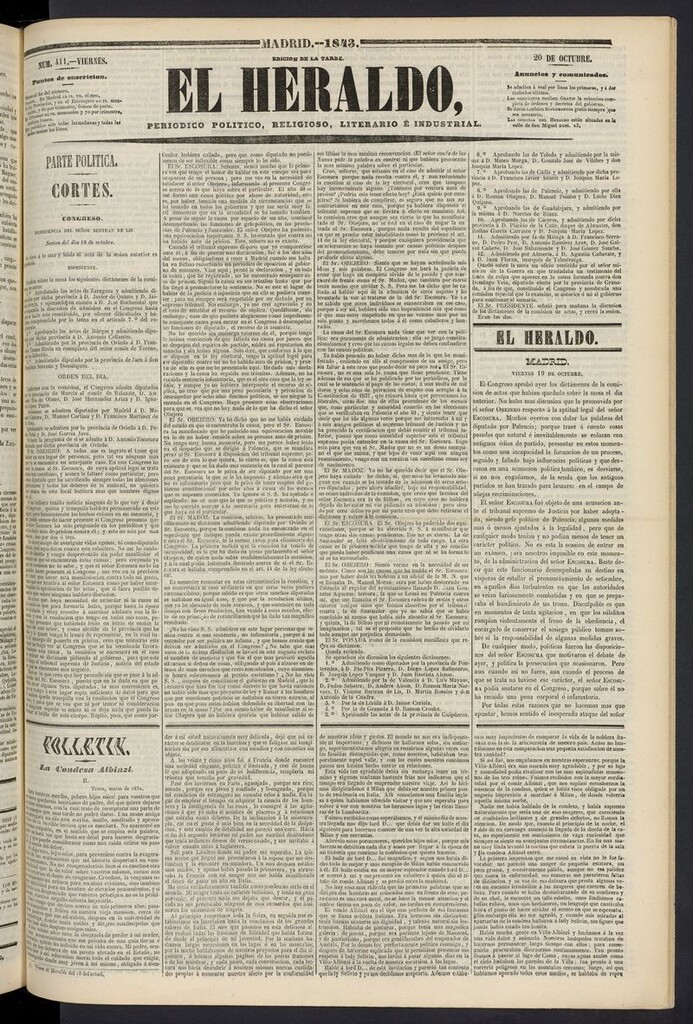 Miniatura de El heraldo, periódico de la tarde del 20 de octubre de 1843