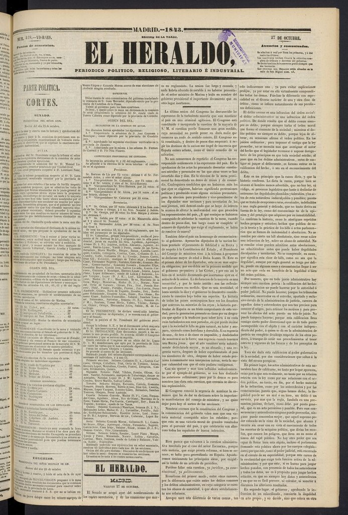 Miniatura de El heraldo, periódico de la tarde del 27 de octubre de 1843