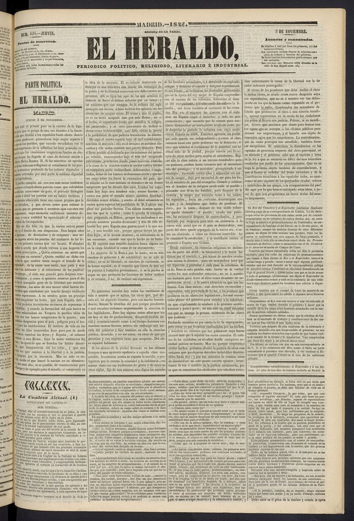 Miniatura de El heraldo, periódico de la tarde del 2 de noviembre de 1843