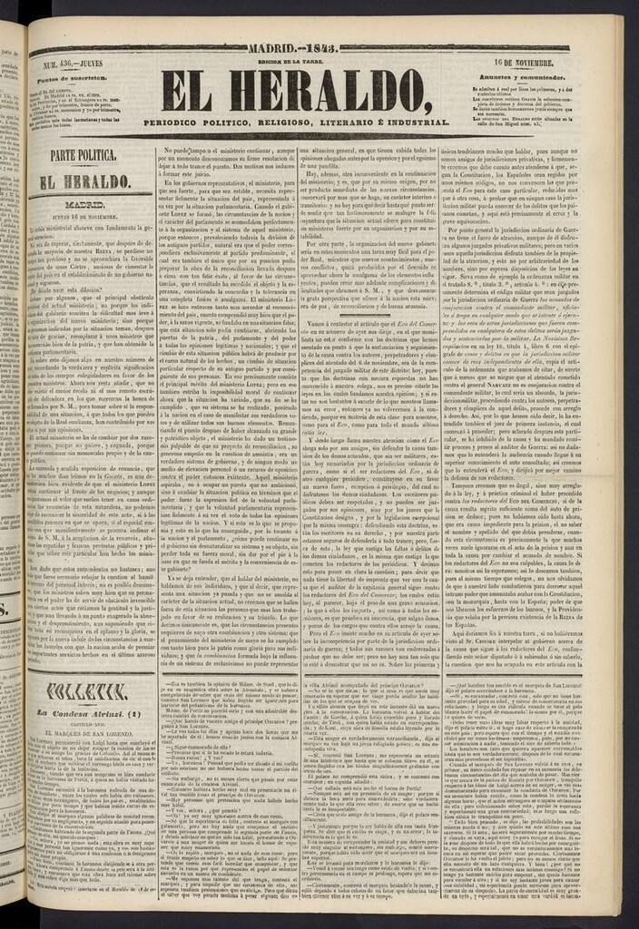 Miniatura de El heraldo, periódico de la tarde del 16 de noviembre de 1843