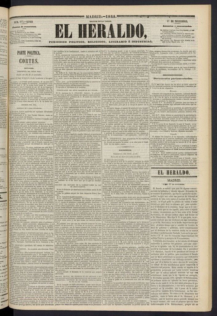 Miniatura de El heraldo, periódico de la tarde del 27 de noviembre de 1843