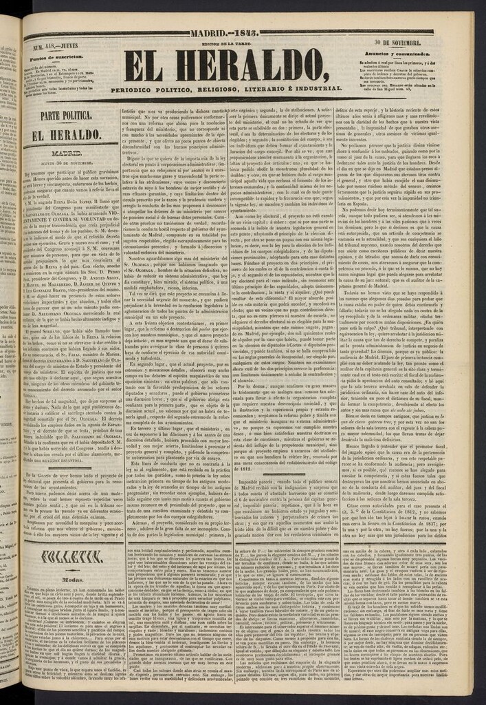 Miniatura de El heraldo, periódico de la tarde del 30 de noviembre de 1843