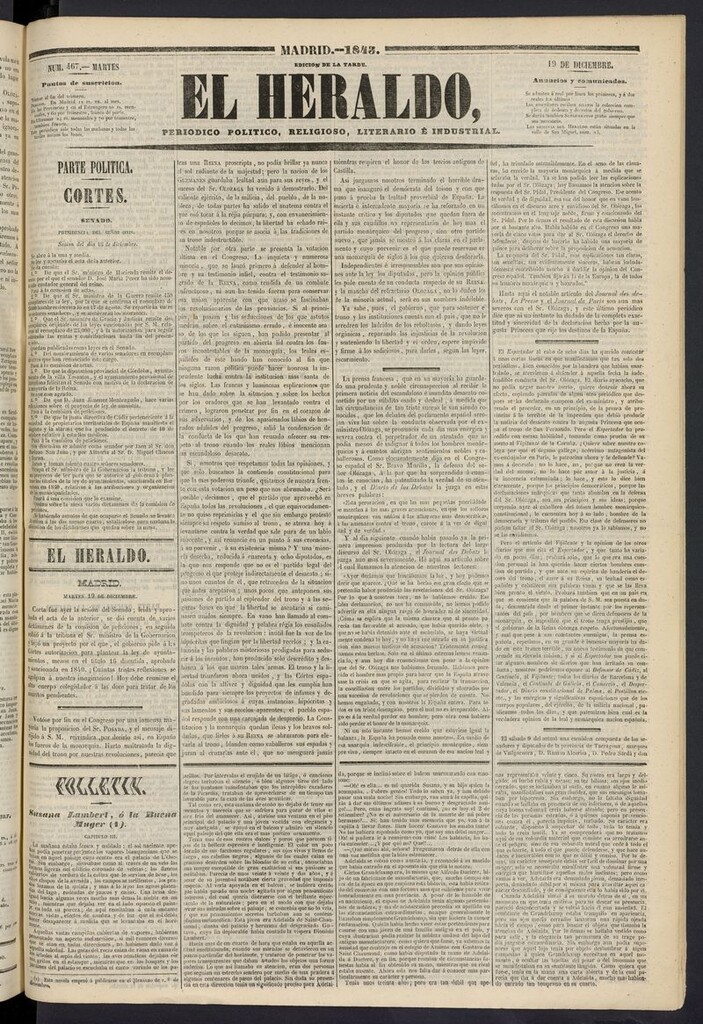 Miniatura de El heraldo, periódico de la tarde del 19 de diciembre de 1843