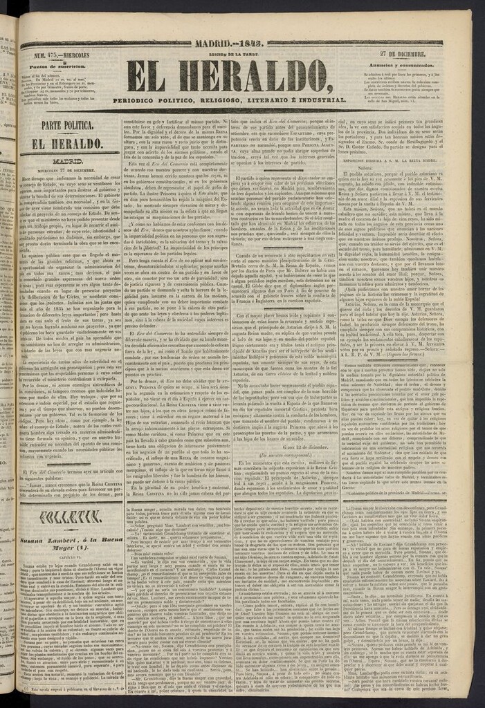 Miniatura de El heraldo, periódico de la tarde del 27 de diciembre de 1843