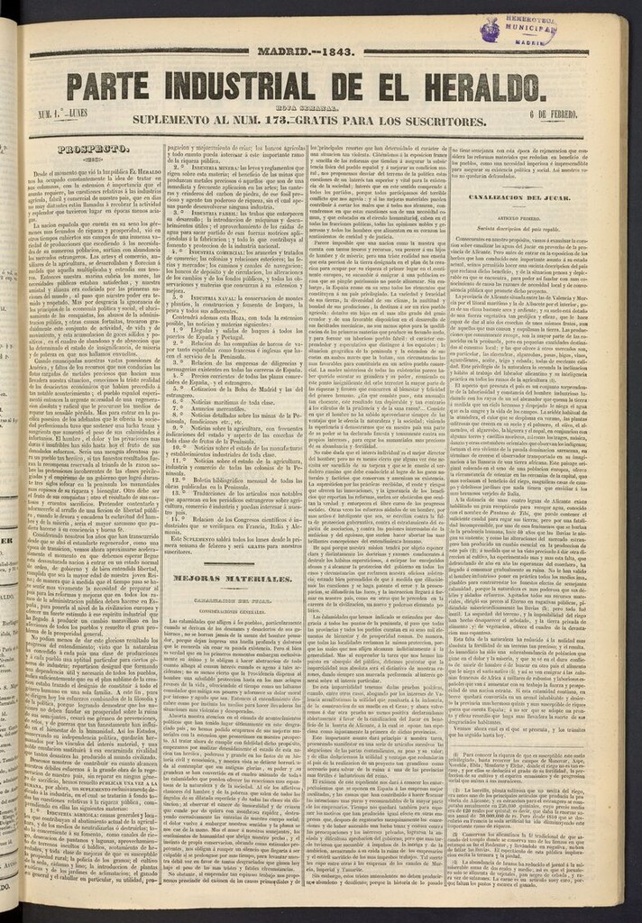 Miniatura de El heraldo, periódico de la tarde del 6 de febrero de 1843, suplemento al nº 173