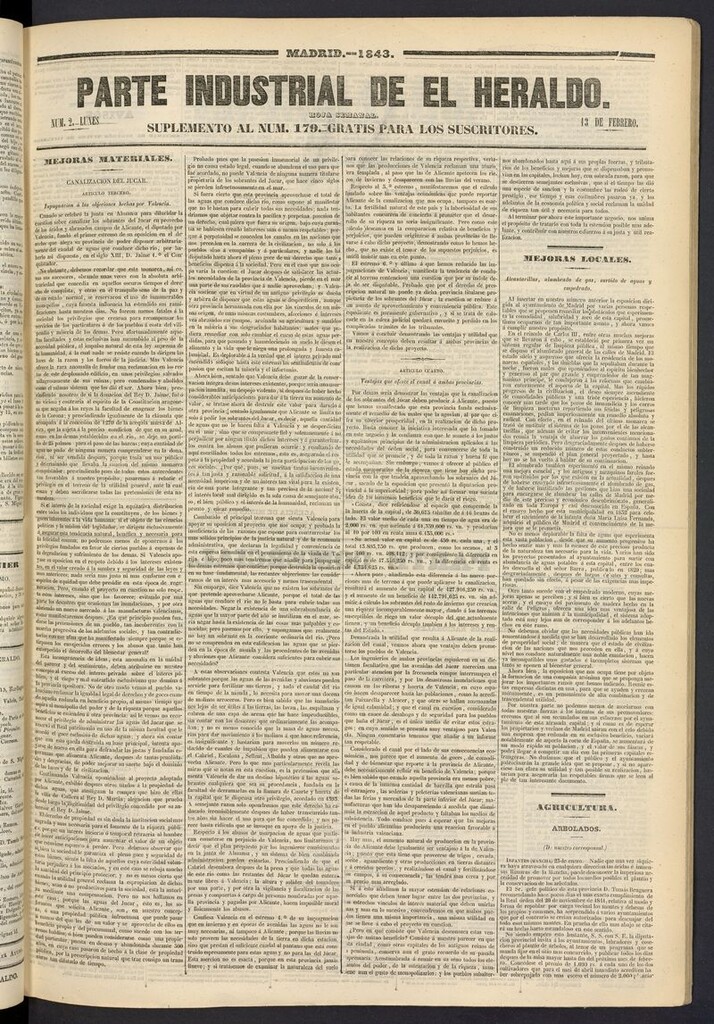 Miniatura de El heraldo, periódico de la tarde del 13 de febrero de 1843, suplemento al nº 179
