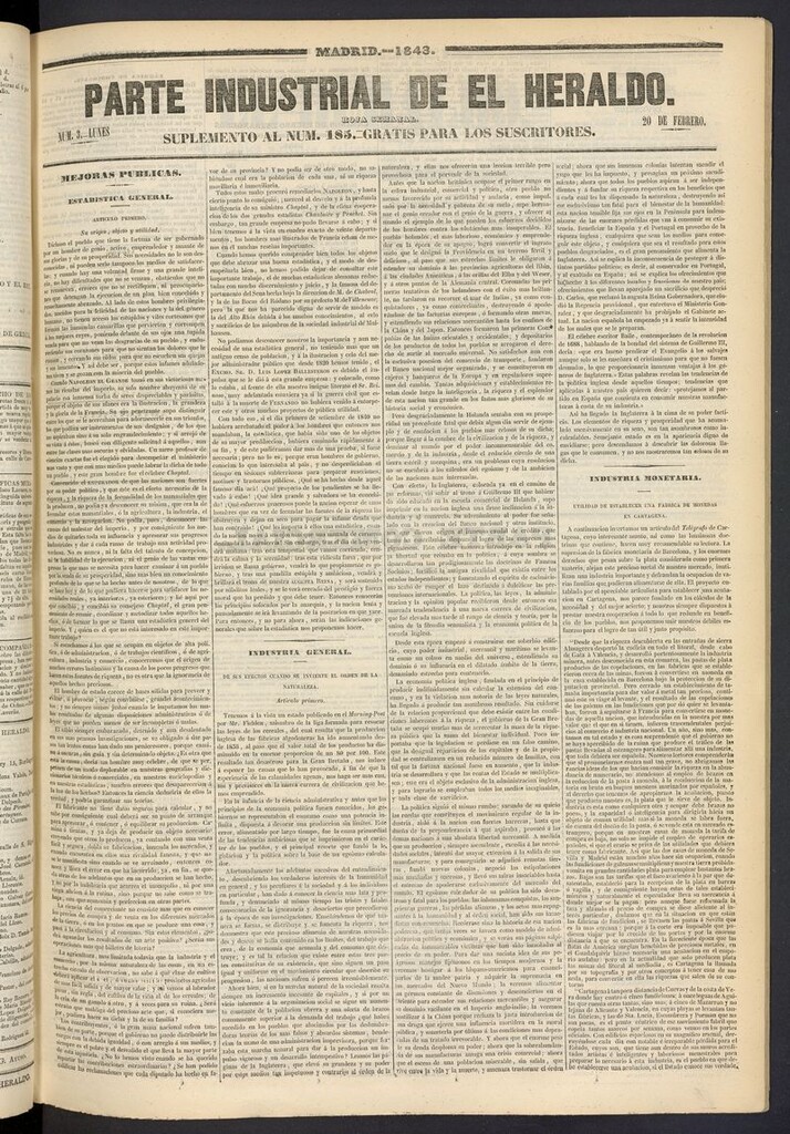 Miniatura de El heraldo, periódico de la tarde del 20 de febrero de 1843, suplemento al nº 185