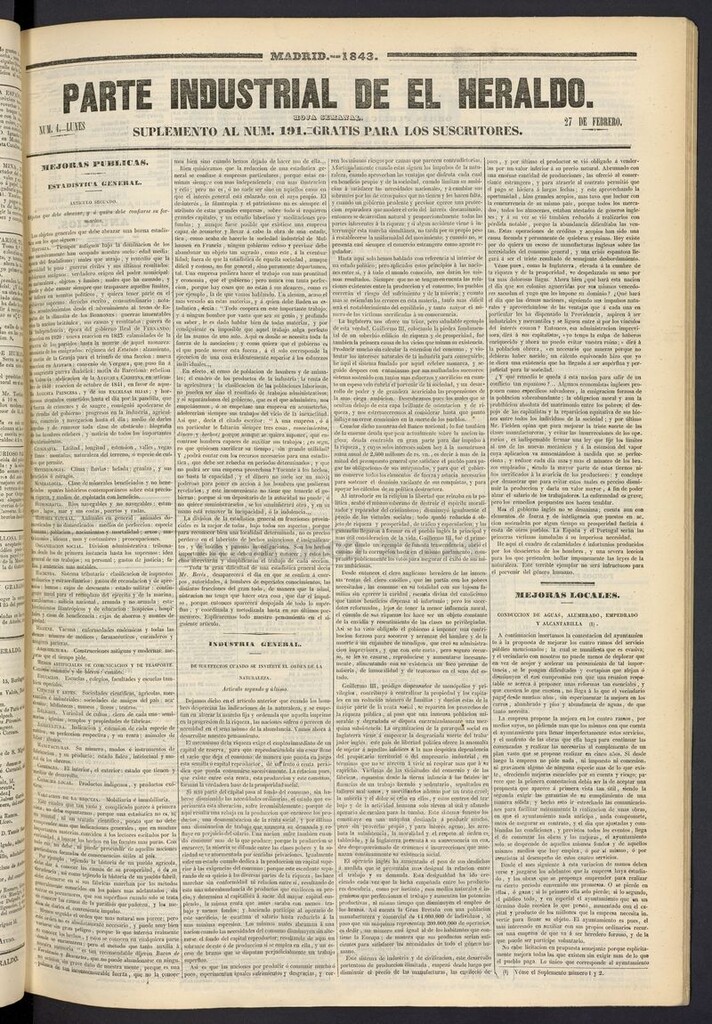 Miniatura de El heraldo, periódico de la tarde del 27 de febrero de 1843, suplemento al nº 191