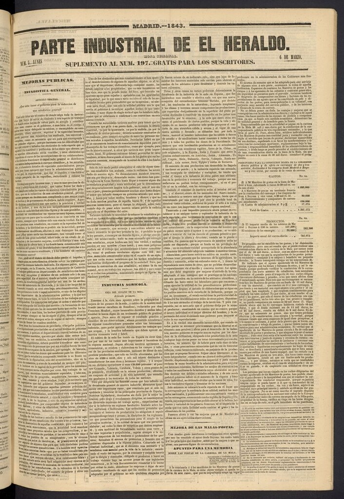 Miniatura de El heraldo, periódico de la tarde del 6 de marzo de 1843, suplemento al nº 197