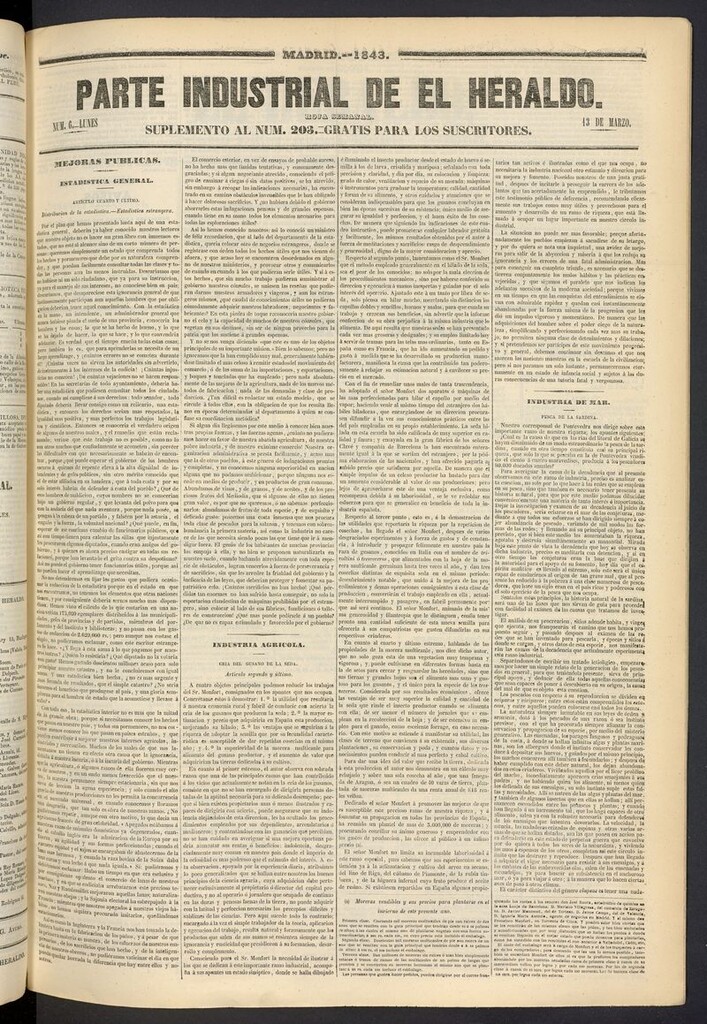 Miniatura de El heraldo, periódico de la tarde del 13 de marzo de 1843, suplemento al nº 203