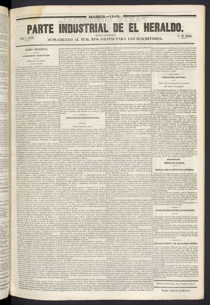 Miniatura de El heraldo, periódico de la tarde del 27 de marzo de 1843, suplemento al nº 215