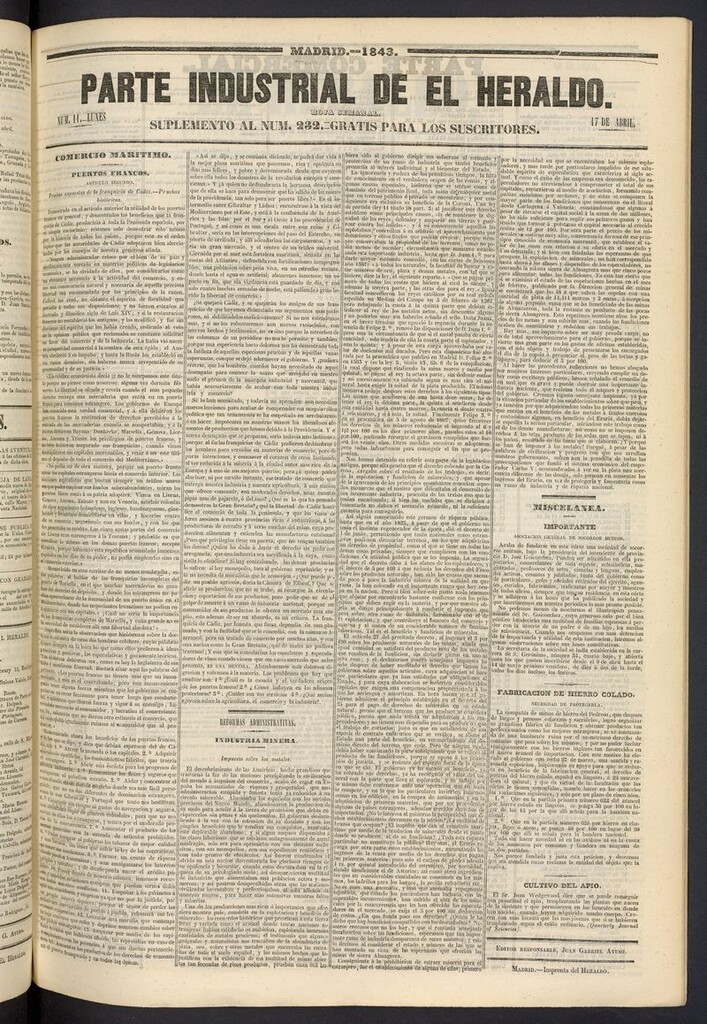 Miniatura de El heraldo, periódico de la tarde del 17 de abril de 1843, suplemento al nº 232