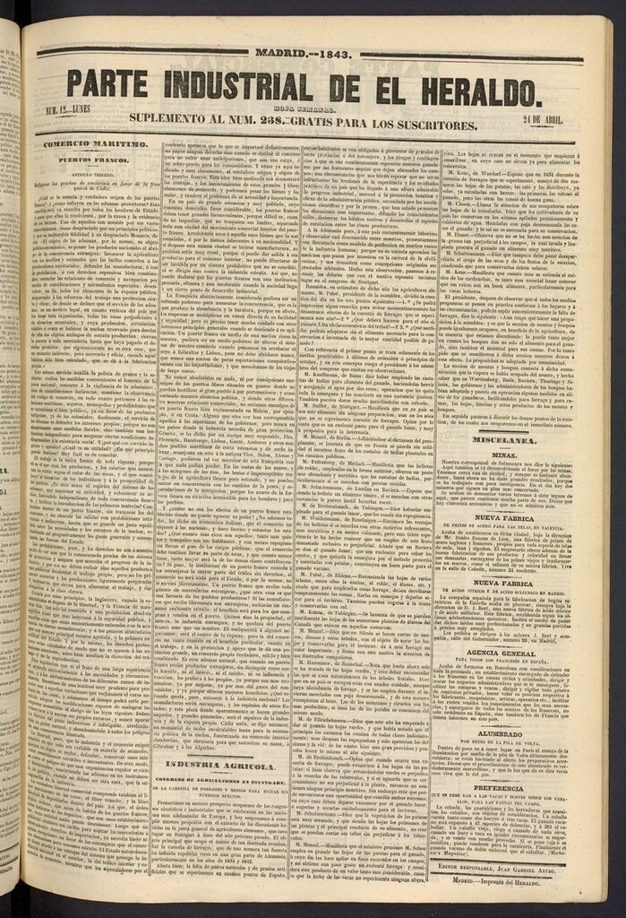 Miniatura de El heraldo, periódico de la tarde del 24 de abril de 1843, suplemento al nº 238
