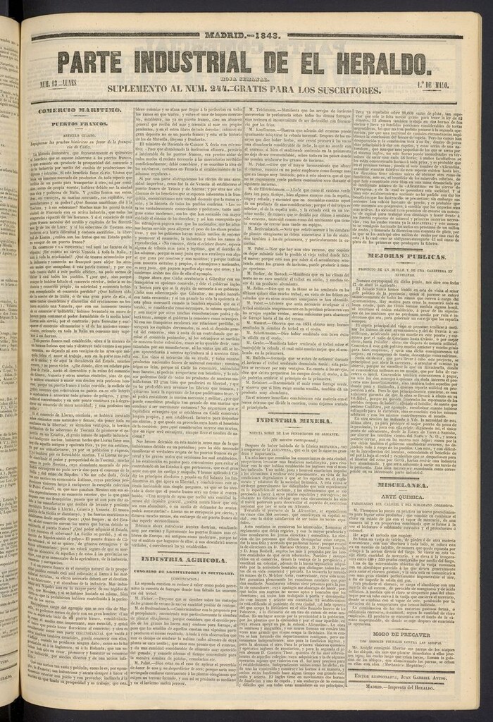 Miniatura de El heraldo, periódico de la tarde del 1 de mayo de 1843, suplemento al nº 244