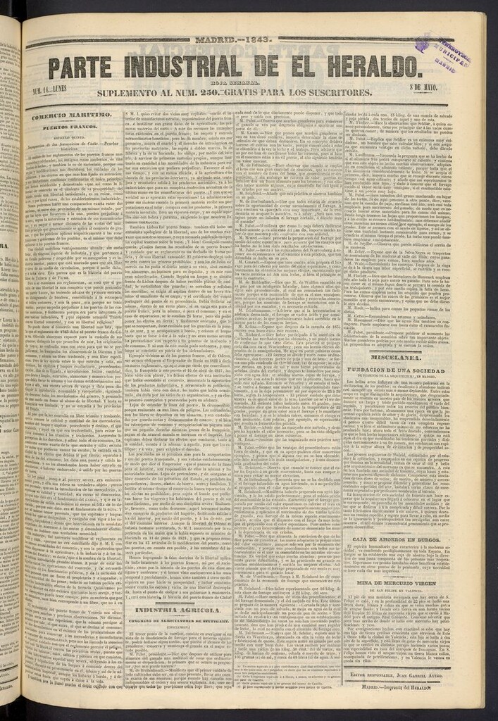 Miniatura de El heraldo, periódico de la tarde del 8 de mayo de 1843, suplemento al nº 250
