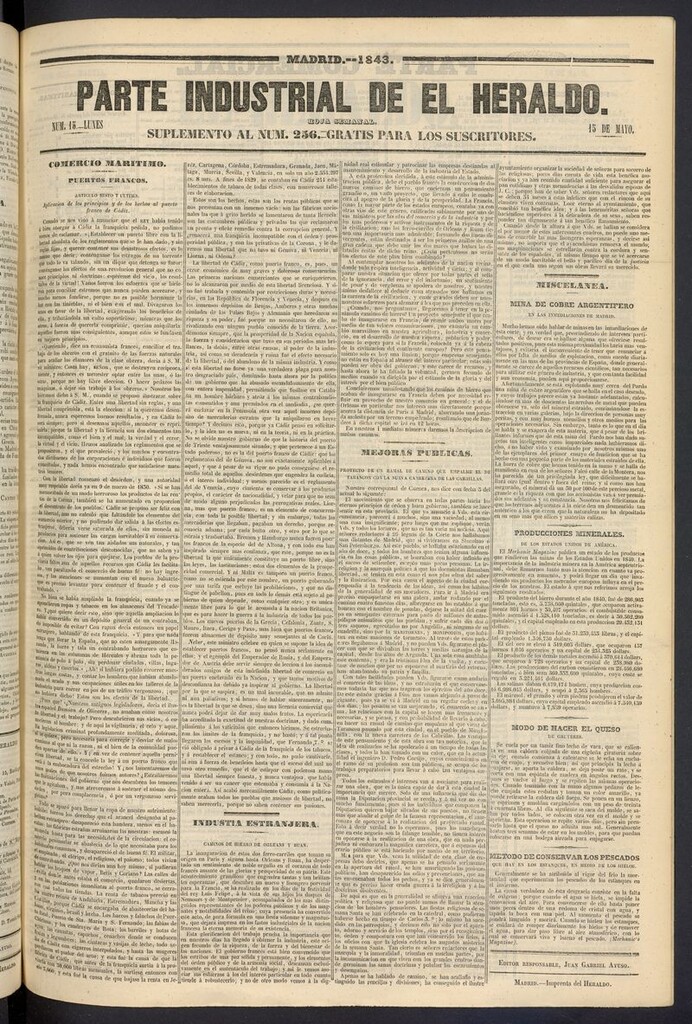 Miniatura de El heraldo, periódico de la tarde del 15 de mayo de 1843, suplemento al nº 256