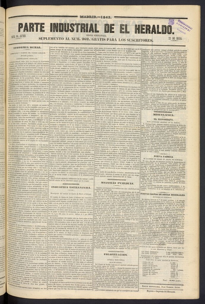 Miniatura de El heraldo, periódico de la tarde del 22 de mayo de 1843, suplemento al nº 262