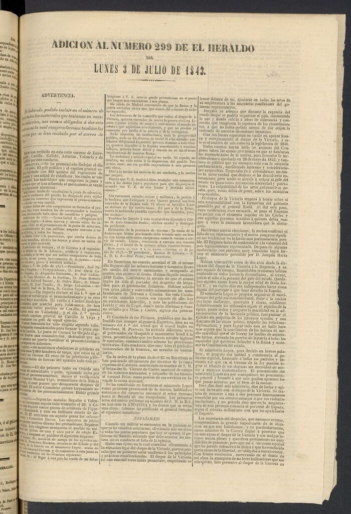 Miniatura de El heraldo, periódico de la tarde del 3 de julio de 1843, adición al nº 299