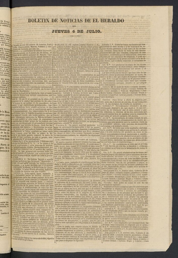 Miniatura de El heraldo, periódico de la tarde del 6 de julio de 1843, boletín de noticias