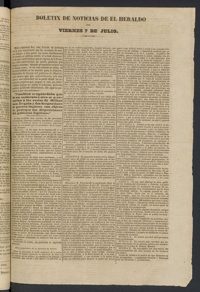 Miniatura de El heraldo, periódico de la tarde del 7 de julio de 1843, boletín de noticias