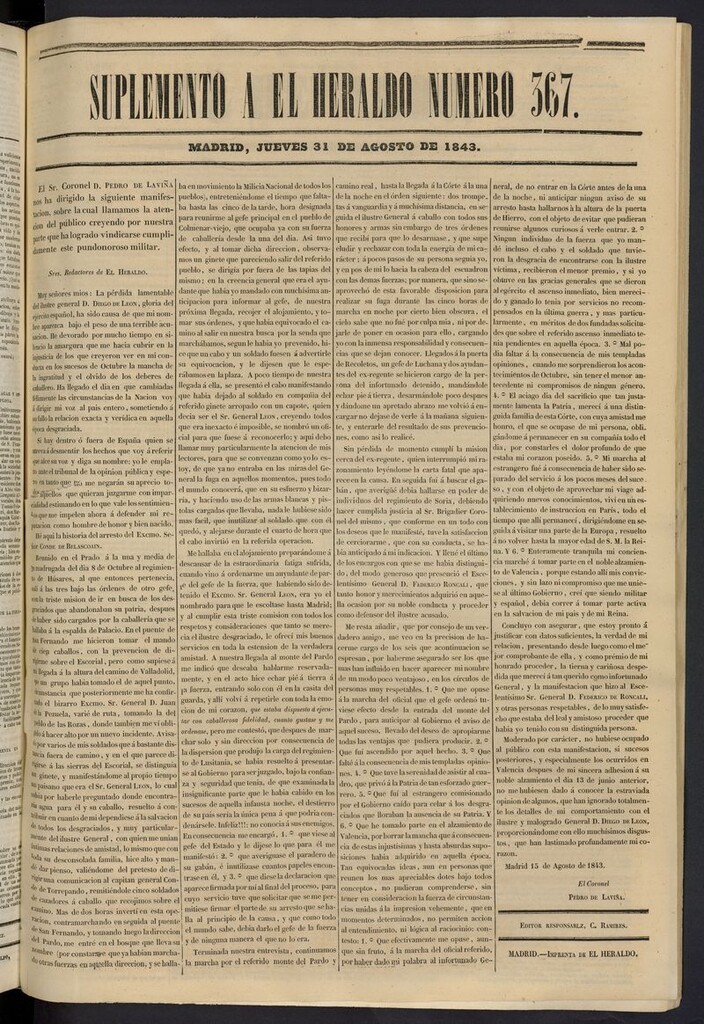 Miniatura de El heraldo, periódico de la tarde del 31 de agosto de 1843, suplemento al nº 367