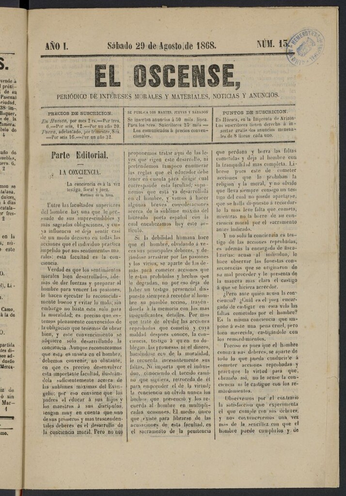 Miniatura de El Oscense (Huesca, 1868) del 29 de agosto de 1868