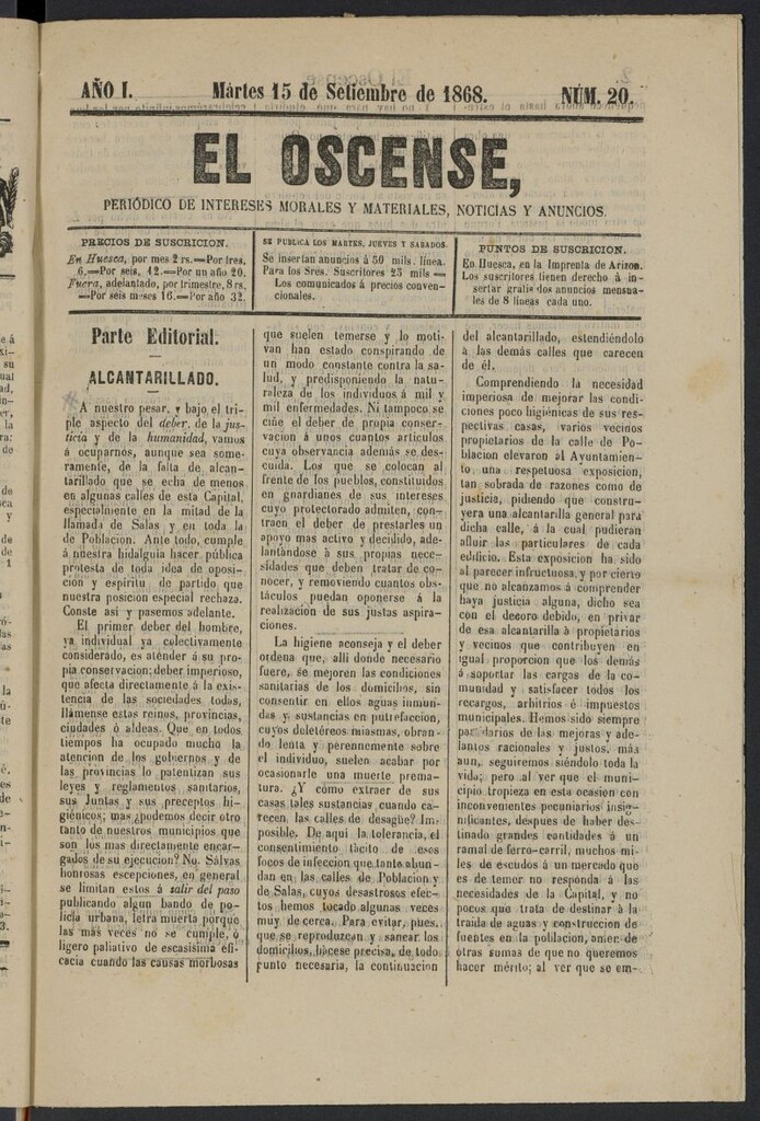 Miniatura de El Oscense (Huesca, 1868) del 15 de septiembre de 1868
